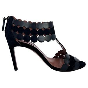 Alaïa Scalloped T-Strap Sandal Heels in Black Suede
